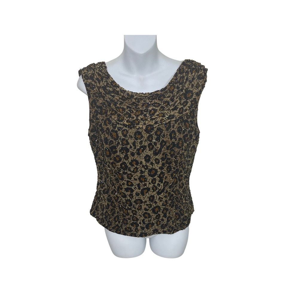 Sean Collection Beaded Silk Top‎ Women Large  Leopard Print Vintage Cowl Back